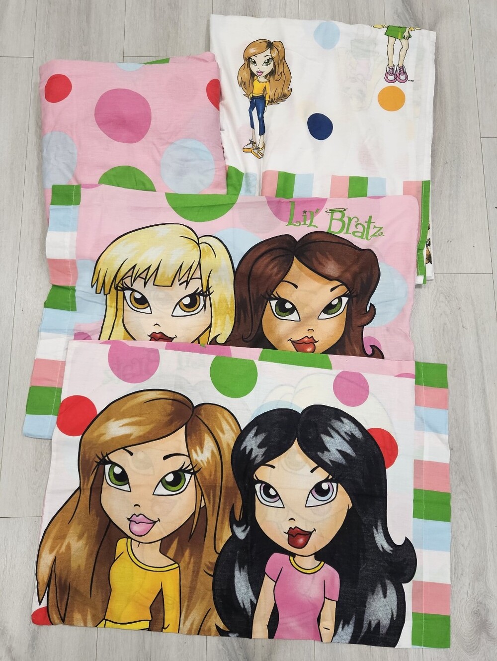 VTG Lil Bratz FULL Sheet Set & Pillowcases Pink Large Polka Dots Stripes Y2K